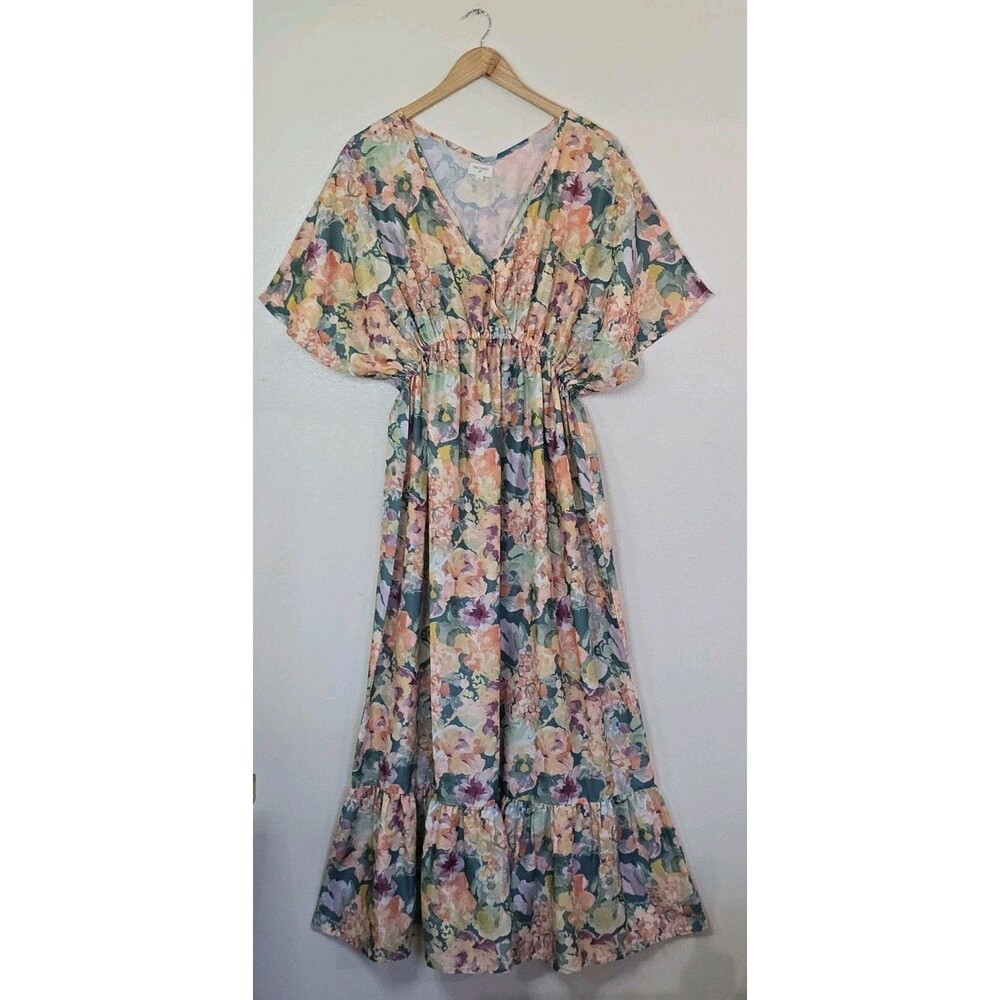 World Market Floral Boho Maxi Dress Womens Size L/XL Green Forest Fairy Hippie